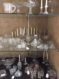 Some of the over 400, yes 400, pieces of vintage children's glassware---glasses, pitchers, tea sets, punch bowls & cups, candelabras, cake plates,  compotes, butter dishes, etc.