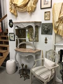 Garden stool, lion head,bird print, fleur de lus,small black mirror/SOLD