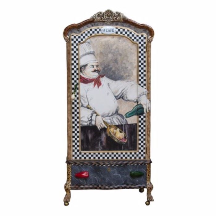 Richard and Maggie Mantia Hand Painted and Decoupage Kitchen Cabinet: A hand painted and decoupaged wooden French Provincial style cabinet by Richard and Maggie Mantia. It features a white floral pediment on an arched top, a tall, narrow body with a fitted door and a bottom drawer with a serpentine front and dovetail joinery, and clawed feet on casters. The door is painted with a stocky chef preparing food, as well as a black and white checkerboard pattern trim around the perimeter. “Mantia” is signed at the bottom right. The shoulders are painted like faux tan marble and decorated with travel memorabilia decoupaged within checkerboard trim. The bottom drawer is painted a gray faux marble with red and green pepper handles, with brown and black checkerboard and animal stripe patterns on the top and bottom aprons. The legs are painted with a faux leopard pattern. Opening the door reveals a decoupaged interior with five glass shelves.