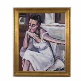 Richard Mantia Acrylic on Canvas "Madam Poppy Salinger": An acrylic painting on canvas by Richard Mantia titled Madam Poppy Salinger. It depicts a youthful Poppy, the proprietor of the Bastide Rose, a noted French bed and breakfast, wearing a white dress and sitting in a white armchair. She rests her chin on a hand bent at the wrist, while stretching one arm out to her side. “Mantia” is signed on the bottom right. The piece is set in a gold tone wooden frame with floral accent trim. Hangs from a wire on the reverse.