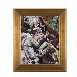 Richard Mantia Acrylic on Canvas "Bistro": An acrylic on canvas by Richard Mantia titled Bistro. It depicts a busy restaurant bustling with people. “Mantia” is signed on the bottom right. The piece is set in a gold tone wooden frame and hangs from loops on the reverse.