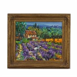 Richard Mantia Acrylic on Canvas "The Lavender Picker": An acrylic on canvas by Richard Mantia titled The Lavender Picker. It depicts a worker toiling away in a field of deep purple lavender flowers. A small home nestled in lush, green trees can be seen in the distance. “Mantia” is signed on the bottom right. The piece is set in a gold tone wooden frame with molded floral elements. Hangs from a wire on the reverse.