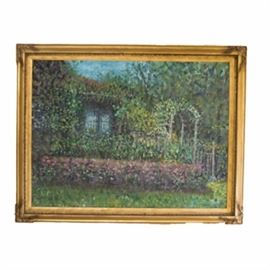 Richard Mantia Landscape Painting on Canvas: A framed landscape painting on canvas by Richard Mantia. It depicts a home hidden from view by a wall of flowers. A floral-covered trellis invites the viewer inside. The piece is set in a gold tone wooden frame with molded elements. Hangs from a wire on the reverse. The art is hand signed on the bottom right of the painting, as well as on the reverse top right side of canvas frame.