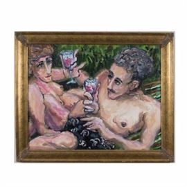 Richard Mantia Acrylic on Canvas "Le Pique - Nique": An acrylic on canvas by Richard Mantia titled Le Pique – Nique. It depicts two lovers drinking wine in the nude. “Mantia” is signed on the top right. The piece is set in a gold tone wooden frame and hangs from a wire on the reverse. A sticker on the back notes that it is an original limited edition work.