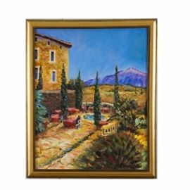 Richard Mantia Acrylic on Canvas "Crillon Le Brave": An acrylic on canvas by Richard Mantia titled Crillon Le Brave. It depicts the cobblestone architecture and lush, greenery of the noted Southeastern French commune. “Mantia” is signed on the bottom right. The piece is set in a gold tone wooden frame. Hangs from a wire on the reverse.