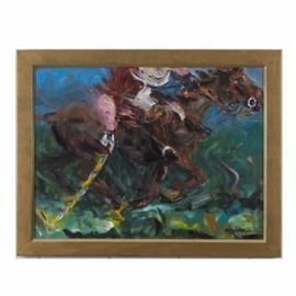 Richard Mantia Acrylic on Canvas "Polo I: On It": An acrylic on canvas by Richard Mantia titled Polo I: On It. It depicts a polo player on horseback leaning into a shot. “Mantia” is signed in the bottom right. The piece is set in a gold tone wooden from. Hangs from a wire on the reverse. See also 17CIN111-122.