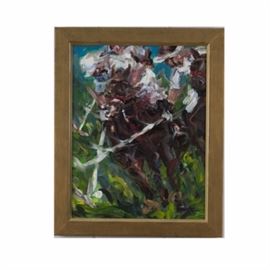 Richard Mantia Acrylic on Canvas "Polo II: Ride Off": An acrylic on canvas by Richard Mantia titled Polo II: Ride Off. It features two polo players on horseback battling over the ball. “Mantia” is signed on the bottom right. The piece is set in a gold tone wooden frame and hangs from a wire on the reverse. See also 17CIN111-090.