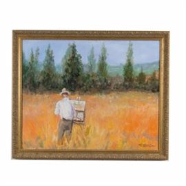 Richard Mantia Acrylic on Canvas "Artist in Field": An acrylic on canvas by Richard Mantia titled Artist in Field. It depicts a man in a beige hat, a white shirt, and tan pants painting in a sea of golden grass. A lush treeline separates him from rolling green hills and blue skies in the distance. His canvas mirrors his environment. “R. Mantia” is signed on the bottom right. The piece is set in a gold tone wooden frame with molded floral elements. Hangs from a wire on the reverse.