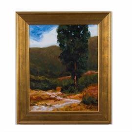 Richard Mantia Landscape Acrylic on Canvas "Road to Gordes": A landscape acrylic on canvas by Richard Mantia titled Road to Gordes. It features a road cutting through a landscape with rolling green hills, lush trees, and a flowing creek. “Mantia” is signed on the bottom right. The piece is set in a gold tone wooden frame. Hangs from a wire on the reverse. The title is written on the canvas frame back.