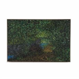 Richard Mantia Acrylic on Canvas "Secret Allee": An acrylic on canvas by Richard Mantia titled Secret Allee. It depicts a dirt path that passes through a small break in a lush, green, forest wall. The path beyond is lit by the sun. “Mantia” is signed on the bottom right. Wooden trim with a dark finish lines the perimeter. Hangs from a wire on the reverse.