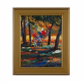 Richard Mantia Acrylic on Canvas "Picnic le Baux": An acrylic on canvas by Richard Mantia titled Picnic le Baux. It features a colorful, impressionistic interpretation of a shaded picnic area. “Mantia” is signed on the bottom right. The piece is set in a gold tone wooden frame. Hangs from a wire on the reverse. The titled is written on the back.
