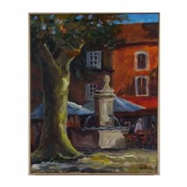 Richard Mantia Acrylic on Canvas "Place a Gordes": An acrylic on canvas by Richard Mantia titled Place a Gordes. It features a fountain square near an aged tree. The sunlight highlights the side of a building in the background. “Mantia” is signed on the bottom right. The piece has natural grain wood trim. Hangs from a wire on the reverse. The title is written on the back.