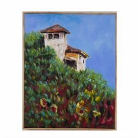 Richard Mantia Acrylic on Canvas "On the Med": An acrylic on canvas by Richard Mantia titled On the Med. It depicts a red-roofed villa atop a lush, green hill covered in flowers. “Mantia” is signed on the bottom right. Natural grain wood trim lines the perimeter. Hangs from a wire on the reverse.