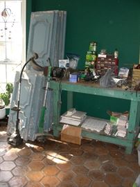 Work bench, paneling, garden tools