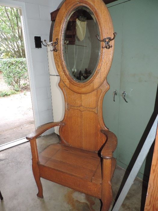 vintage hall tree with mirror and seat