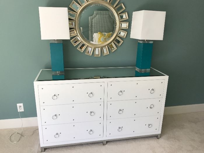 White lacquer dresser with mirror top measuring 60"Wx34.5"Tx20"D