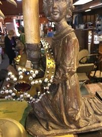 Pair of wood carved crèche figurines and crown with real pearls 