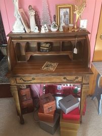Mid century Pecan roll top desk in mint condition with original newspaper ad.