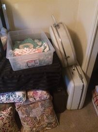 more vintage luggage & doilies