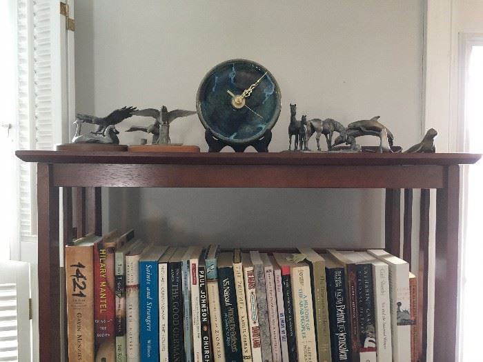 Book Shelves, Books, Studio Pottery Clock, Pewter Figurines 