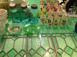 Antique canning jars, painted drinking glasses, Depression glass