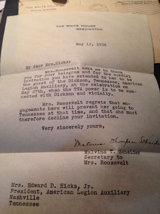 Archive of over 150 pieces of American Legion memorabilia and ephemera Nashville and Tennessee, 1930s, including letter from Eleanor Roosevelt's secretary. Will sell as one lot, $200.