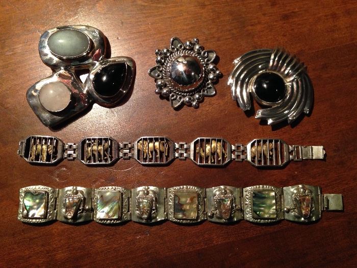 Sterling silver jewelry, 4 pieces of this from Mexico. Unusual circus train bracelet in middle with animals in cages.
