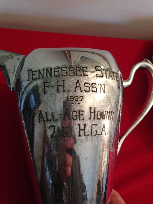 1937 Silver plate pitcher, prize in the Tennessee State Fox Hound Association, Second Place in the All-Age Hound category. Great old dog trophy!