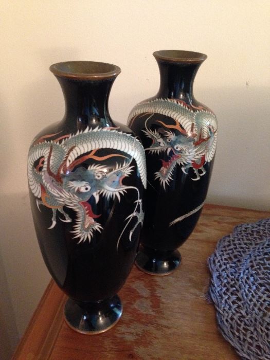 Another view of the stunning cloisonné dragon vases, believed to be over 100 years old.