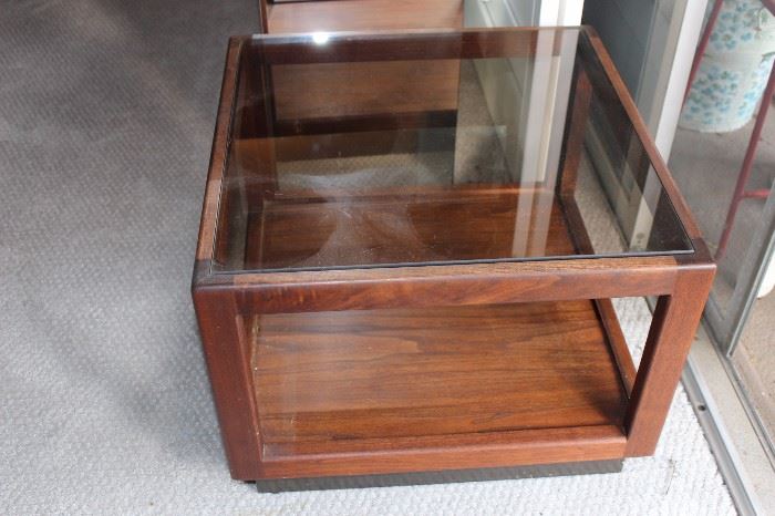 Mid Century glass and wood end table.