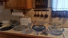 Bake ware and serving pieces in lovely pale blue glass.