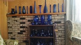 Cobalt blue vases in all shapes and sizes. Too many to display!