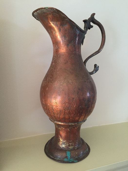 Middle Eastern Copper Pitcher with Hand Engraving