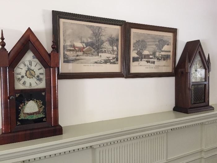 Currier and Ives Prints.  Steeple Clocks -- New England Clock Co. and New Haven Clock Co. 
