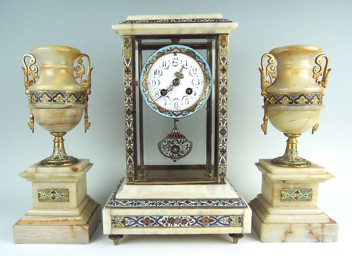 French 3 piece Champleve & Onyx Clock Garniture