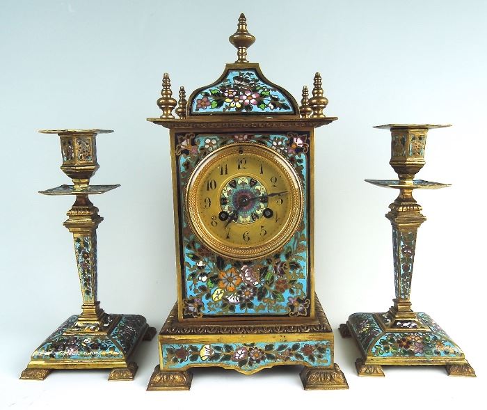 French Champleve & Bronze Clock Set