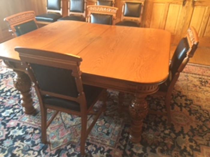 Antique DiningRm Dining table measures 52” x 60” closed.  Table has 4 leafs 15-1/2” x 14”.
Table extended measures 122”
Has 11 chairs  restored in 1988
