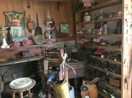 More tools, fireplace items, cast iron and Irons