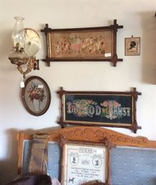 Settee, oil lamp,wall art