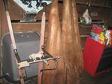 wheelbarrow, ryobi weedeater w/ attachments, cypress logs