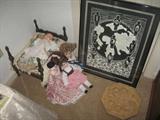 antique dolls and bed w/ linens