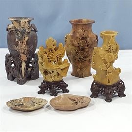 Asian Arts Carved Soapstone Vases And Trays