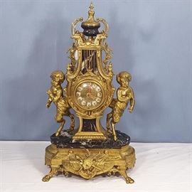 Clock French Brass Case Fauns Marble