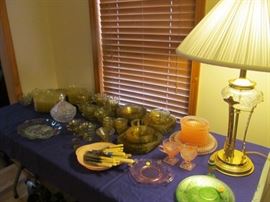 vintage depression glassware and crystal lamp