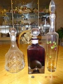 Various Antique glass decanters for wine