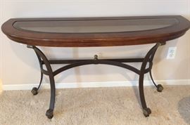 Demilune Glass Inset, Wood and Metal Console Table