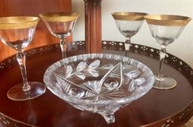 24 Karat Trimmed Glasses from Italy, circa 1920, American Brilliant Footed Bowl