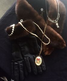 Leather & Fur Trimmed Gloves, Fur Collars, Rhinestones, Pearls and Pendants