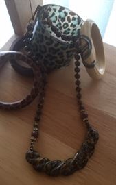 Bone & Silver Bangle, Animal Print Lucite Bangle and Stone Necklace