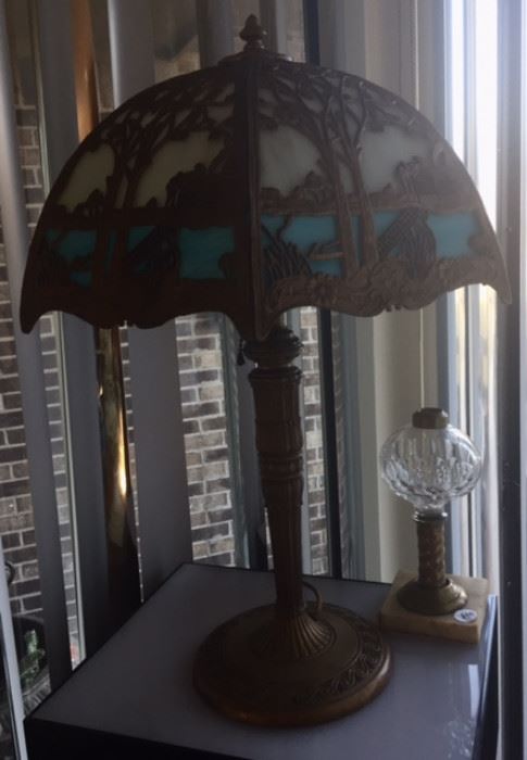 Antique Bronze & Slag Glass Lamp